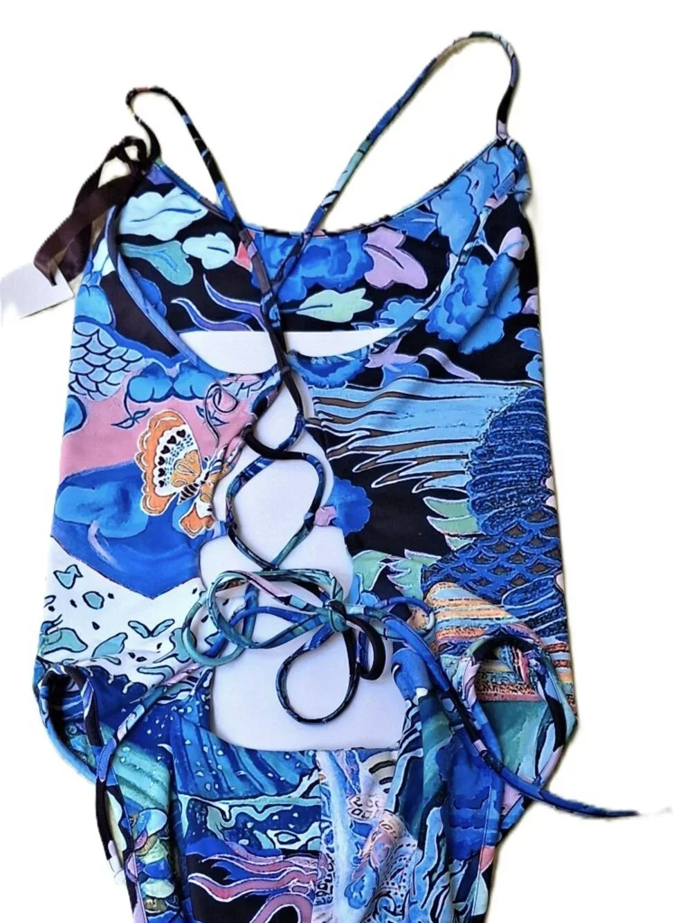 HALE BOB One-piece Swimsuit Lace-up Criss-Cross Back Sz L Black/Blue Multi
